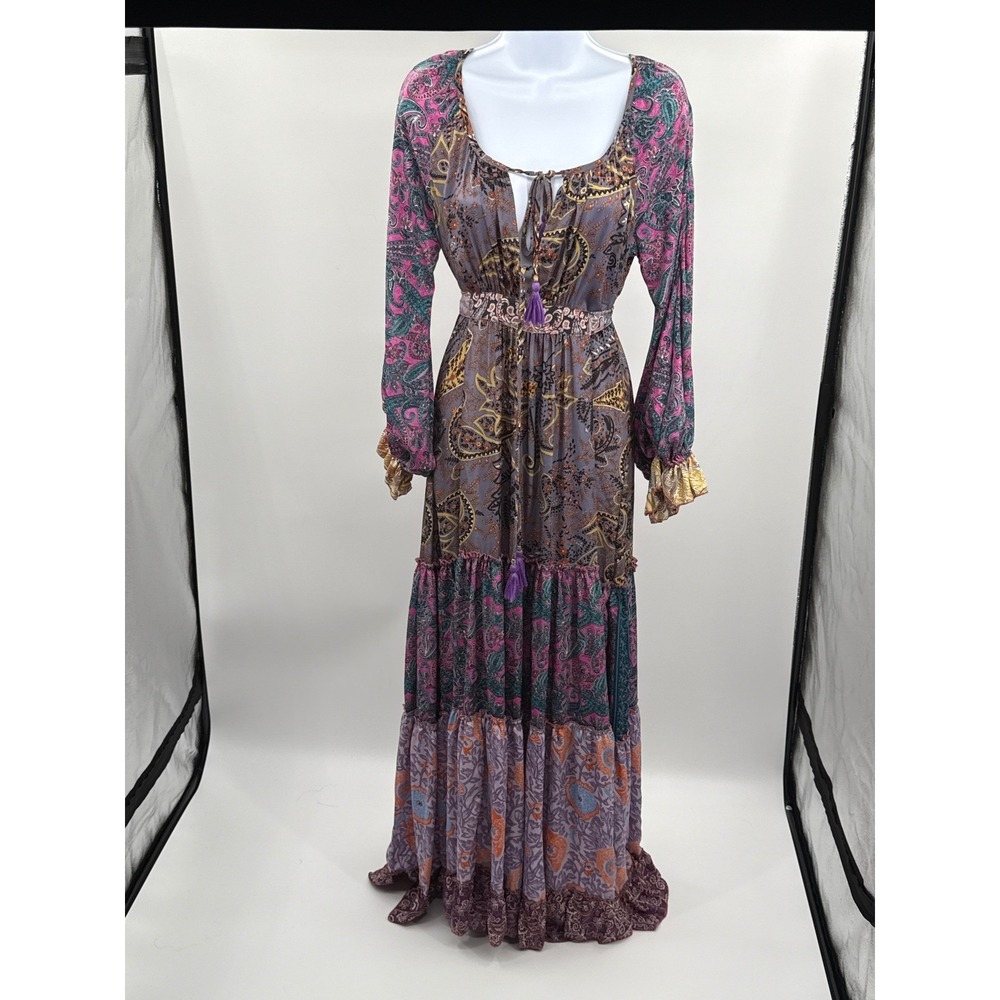 Boho Mixed Paisley Floral Tiered Maxi Dress Purple Pink Tassel Tie Waist Women - Picture 6 of 10